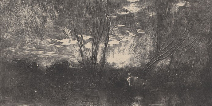 Charles François Daubigny, French, 1817-1878, Maurice le Garrec, publisher, French, d. 1937, Cows at a Watering Place (Vaches à l’abreuvoir), from the portfolio “Forty Clichés-Verres” (Quarante Clichés-Glaces), 1862 (printed 1921) Cliché-verre on paper, Museum purchase: anonymous gift 47.719.33