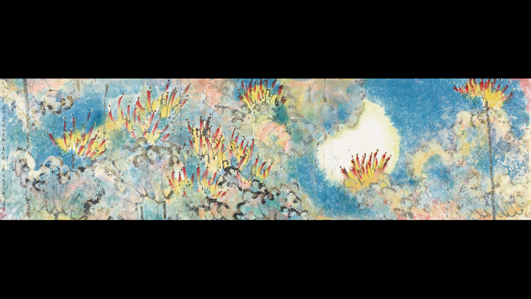 Dachan, Yuan Jue Bao Sheng Wu Liang De Ren Pu Hua Lotus, 2012, Ink and colour on paper, 40×150cm. Courtesy the artist.
 