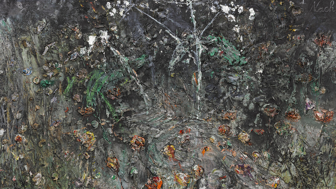 Anselm Kiefer, wohin wir uns wenden im Gewitter der Rosen, 2014, Acrylic, emulsion, oil, shellac, chalk and sediment of electrolysis on photograph mounted on canvas, 280 x 380 cm (110,24 x 149,61 in), Courtesy Galerie Thaddaeus Ropac, Paris/Salzburg © Anselm Kiefer, Photo: Ulrich Ghezzi