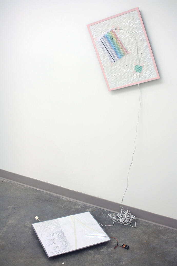 Andrea Crespo, Sis: Prologue, 2014, Mood chart, diagnostic checklist, cable, assorted paper, poly bag, LED, 50.8 x 40.64 x 0.76 cm (each piece, two pieces)
