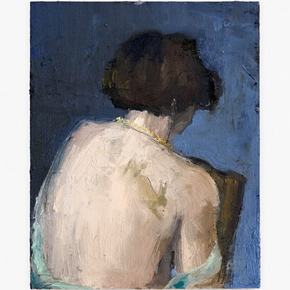 Seth Becker, "The Acrobat Reveals Her Birthmark in the Shape of a Rabbit," 2023. Oil on panel; Work: 10 x 8 in (25.4 x 20.3 cm) Framed: 10 3/4 x 8 3/4 in (27.3 x 22.2 cm). Courtesy of the artist and Venus Over Manhattan Gallery