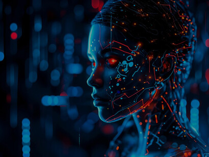 A futuristic woman's face integrated with AI technology, representing the evolution of robotic design