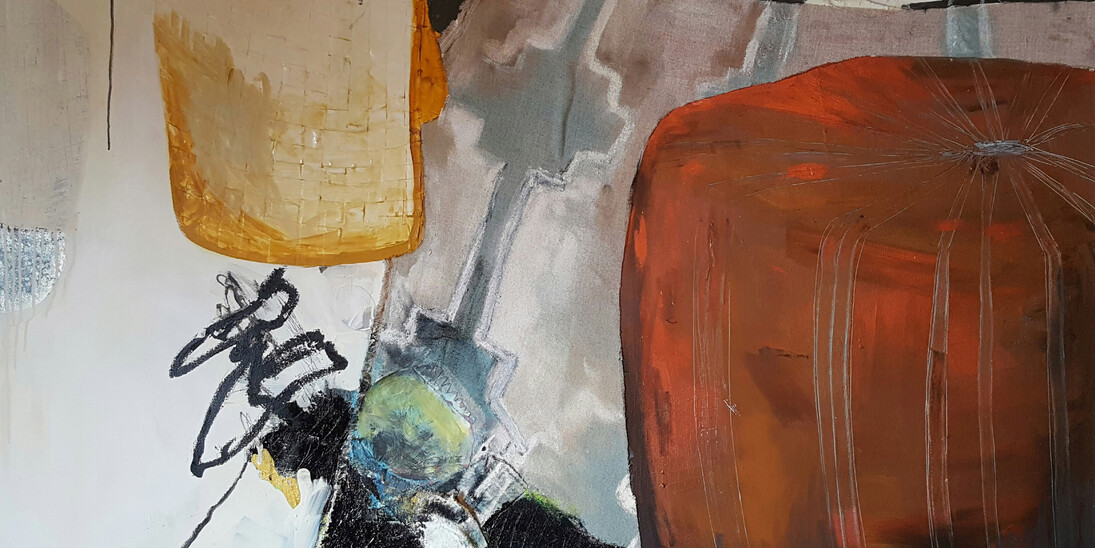 Ashley Sauder Miller. Lose, Lose Yourself, 2017. Acrylic, oil, oil pastel, balsa wood, vintage quilt, vintage run on panel. 16