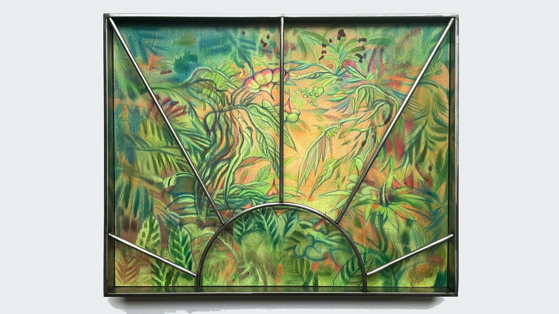 Alina Bliumis, Pleasant Island, 2023, Watercolor and watercolor pencil on wood, artist’s steel frame, 16.5 x 20.5 x 3 in (42 x 52.1 x 7.6 cm). Image courtesy of the Artist and Situations