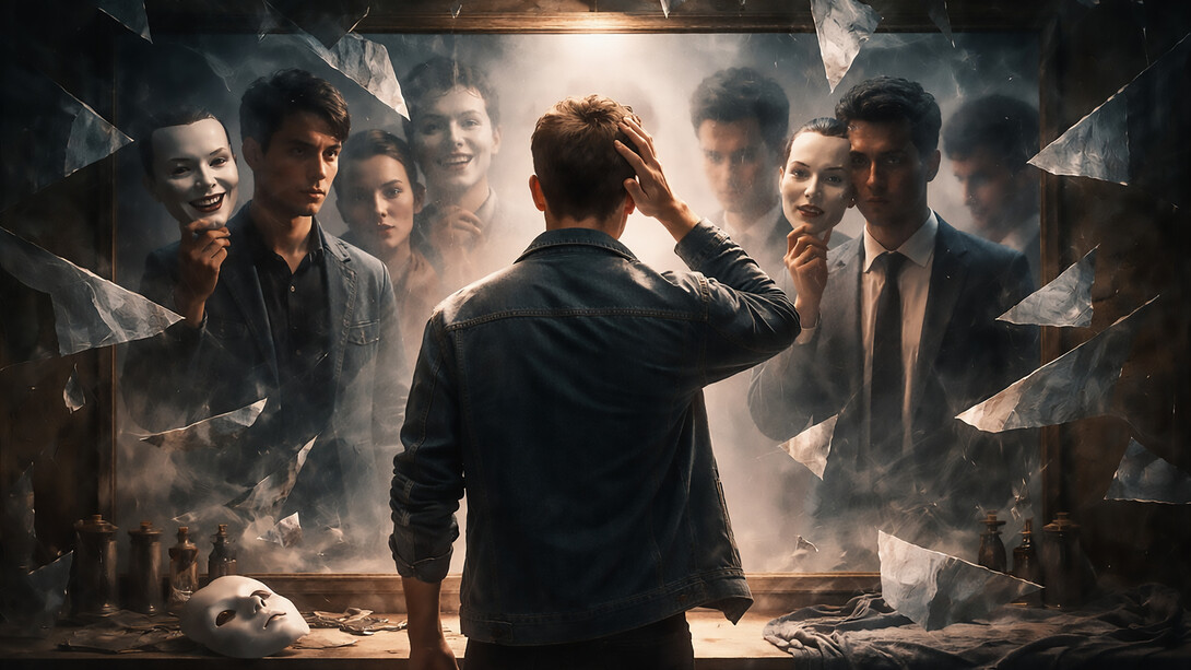 A fractured reflection of self—where identity splits, masks multiply, and the pressure to become someone new never fully lets the old disappear