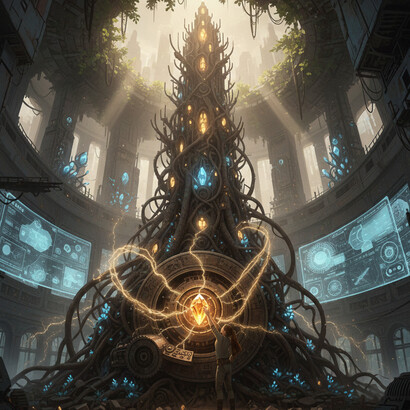 The derelict machine of an advanced civilization awakens when its core artifact—epistemic capital—is restored, showing that functionality without coherence cannot sustain power