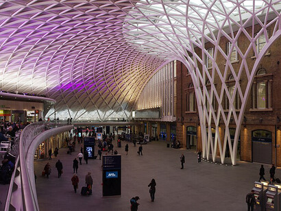 A panoramic view from the balcony of the new western concourse at King’s Cross railway station in London, showcasing the city’s modern urban architecture