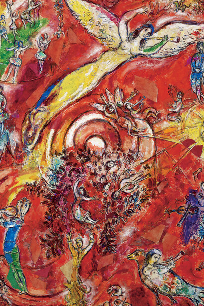 Marc Chagall (1887-1985), Final drawing for the wall painting at the Metropolitan Opera, Lincoln Center, New York: The Triumph of Music, 1966, tempera, gouache and collage on paper mounted on Korean paper, 109 × 91.5 cm. Private collection. 
© SODRAC & ADAGP 2016, Chagall ®. © Archives Marc et Ida Chagall, Paris

