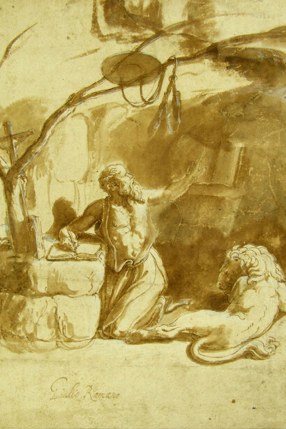 Ambito di Giulio Pippi detto Giulio Romano San Girolamo traduce la Bibbia Prima metà XVI secolo e intervento successivo. Penna, inchiostro acquerellato, biacca e matita nera (controfondato). 274 x 220 mm. Courtesy of Pinacoteca Ambrosiana