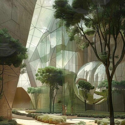 Giardino futuristico dove la vegetazione e l’architettura trasparente si fondono in un paesaggio organico. Immagine creata da Midjourney 