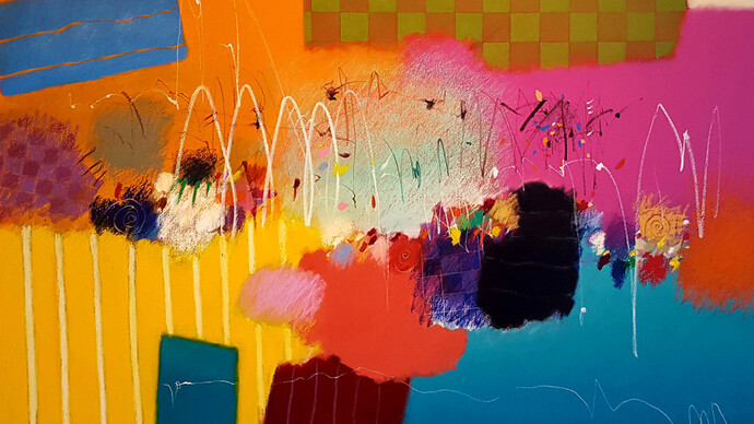 Joyful, 2017. Moe Brooker. Oil and mixed media on canvas, 48 x 60 inches. Courtesy of the artist.