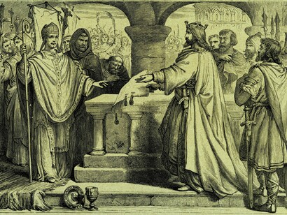 Carlos Magno cede o Exarcado de Ravena ao Papa Leão III. Leão III foi nomeado pelo clero, que contrariou abertamente a nobreza rcom a decisão. Sua eleição provocou graves desordens em Roma