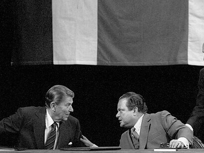 President Ronald Reagan and Luis Alberto Monge Alvarez at the signing of The United States/Costa Rica Extradition Treaty at the National Theater in San Jose Costa Rica, 12 April, 1982