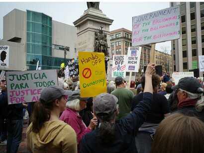 Protesters in Monument Square in Portland, Maine, on April 19, 2025, for the Day of Action organized by the 50501 movement