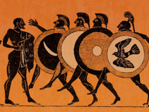Greek vase depicting soldiers meeting with politicians in Olympia, Greece