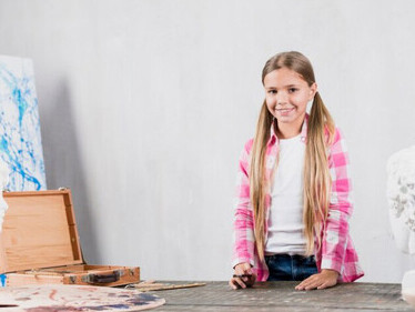 An artistic concept featuring a girl painting creatively in her studio