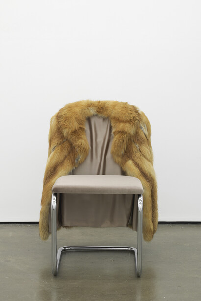 Nicole Wermers, Untitled Chair - FXR-1, 2015, Vintage fur, steel tubing, upholstery, silk and velvet, 85 x 65 x 60 cm / 33.4 x 25.5 x 23.6 in