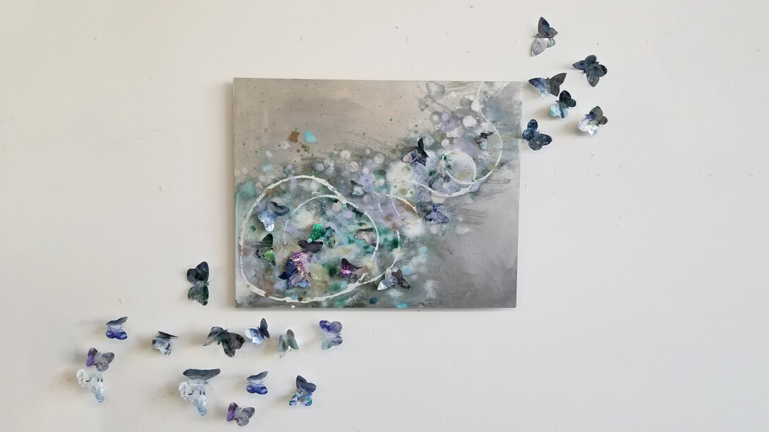 Cara Enteles, Where's You Go Karner Blue 3, oil on aluminum and recycled aluminum cans, 30 x 35, 2019. Courtesy of Elisa Contemporary Art