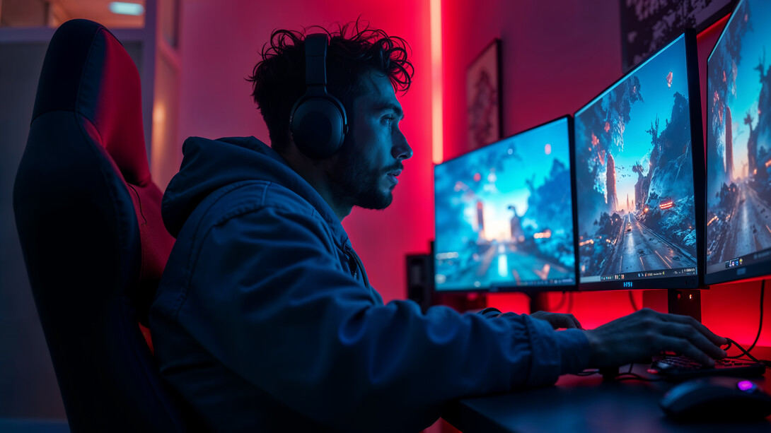 A boy playing computer games across three screens