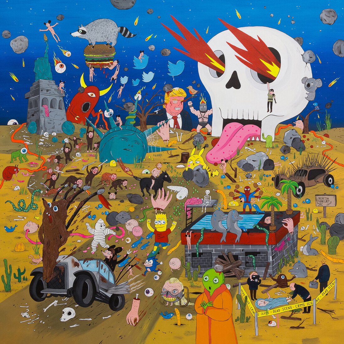 Laurina Paperina, Skull Valley, 2017, smalti all'acqua, acrilici e markers su tela, 140x140. 
