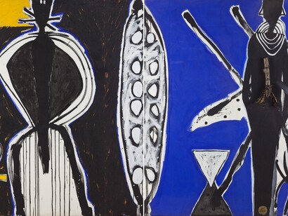 Ouattara Watts, The Woman Of Magic Power, diptych, mixed media on canvas, 180 x 442cm, Courtesy Galerie Boulakia
