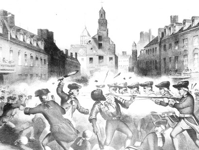Versión litográfica del famoso grabado de la masacre de Boston de Paul Revere: creada en el siglo XIX, antes de la Guerra Civil estadounidense, aquí el lugar central lo ocupa Crispus Attucks 