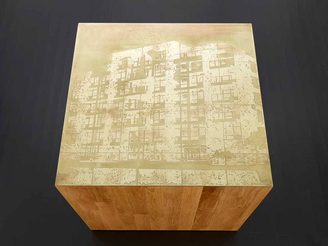 Marc Ganzglass, Building #1, 2014, Etched brass, oak plinth, 32 x 36 x 36 inches, unique