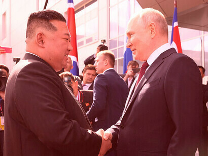 The General Secretary of the Workers' Party of Korea, Kim Jong Un, and Russian President Vladimir Putin at a meeting in Russia on September 13, 2023