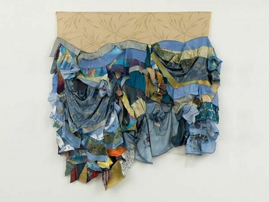 Ann Shostrom, “Swell” 2014 62” x 68”, fabrics, dyes, wax, acrylic, thread