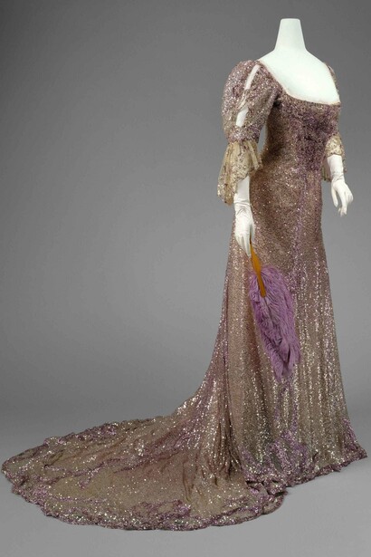 Henriette Favre (French), Evening Dress, 1902, Worn by Queen Alexandra (British, born Denmark, 1844–1925)
Mauve silk tulle, sequins. The Metropolitan Museum of Art, Gift of Miss Irene Lewisohn, 1937 (C.I. 37.44.1). Photo: © The Metropolitan Museum of Art, by Karin L. Willis