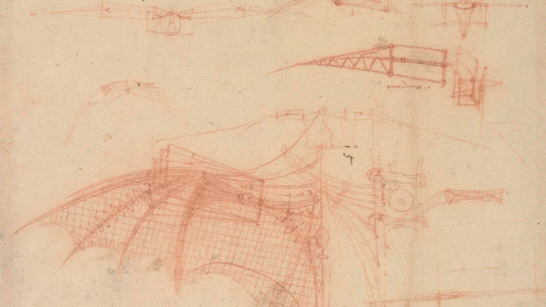 Leonardo da Vinci, disegno di ala meccanica, f. 70b, Codice Atlantico