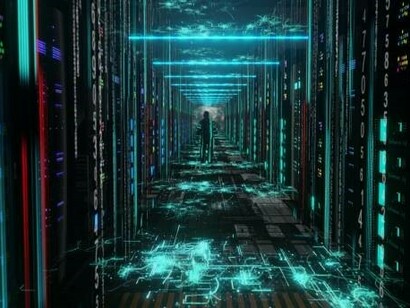 In the data center, server racks equipped with LED lights are efficiently managed by a moving man