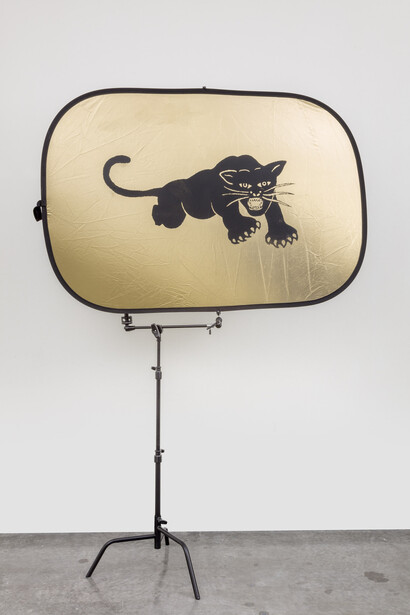 Awol Erizku, Kareem Abdul-Jabbar, 2016, Silkscreen on photographic light reflector, with stand 218 x 182.9 x 67.3 cm; (85 7/8 x 72 1/8 x 26 1/2 in.), Photo by Joshua White
Awol Erizku, Pull Up Wit Ah Stick, 2016, Household paint . Courtesy of Ben Brown Fine Arts