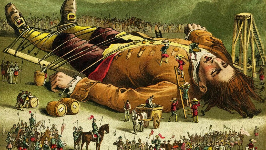 A painting portraying Gulliver being tied up by the island people of Lilliput