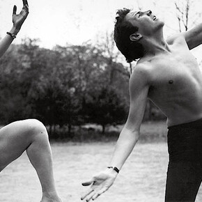 Hazel Larsen Archer Elizabeth Schmitt Jennerjahn and Robert Rauschenberg C. 1952. Gelatin silver print, 6 1/4 x 9 ¼ inches. Estate of Hazel Larsen Archer and Black Mountain College Museum and Arts Center.