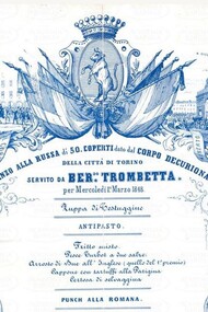 Menu del 1 marzo 1848 per le celebrazioni dello Statuto Albertino, Corpo Decurionale Città di Torino, Italia