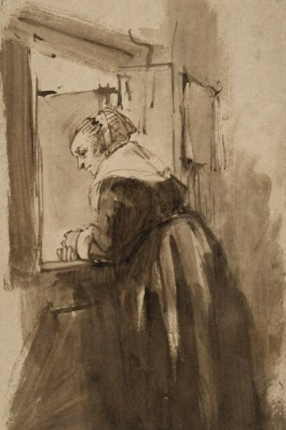 Rembrandt, Femme à la fenêtre . Plume et encre brune, lavis brun. 29,5 x 16,44 cm. Paris, musée du Louvre, département des Arts graphiques © RMN-Grand Palais (musée du Louvre) / Gérard Blot