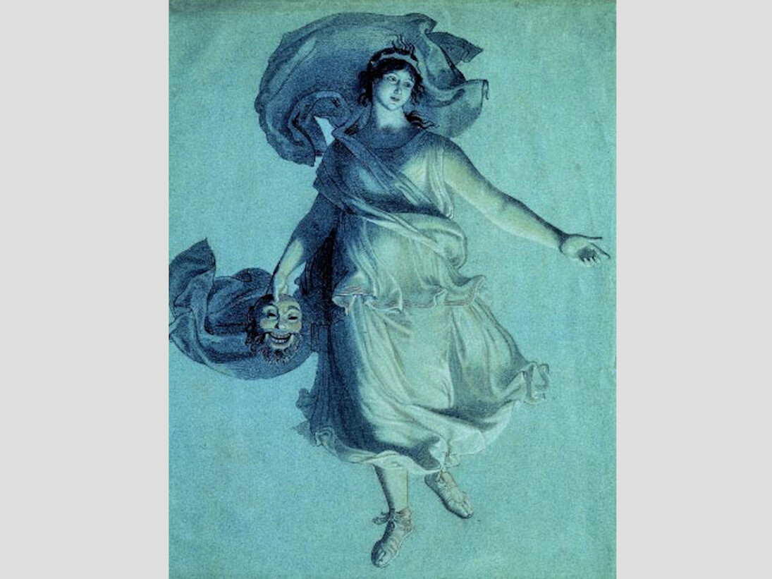 Wilhelm von Schadow (Berlin 1788-1862 Düsseldorf), Die Muse der Schauspielkunst (The Muse of Dramatic Art), after 1802; rose, yellow and white chalks, with traces of sanguine, on blue paper, 63.5 x 49.5 cm. State Academy Collection / Sammlung der Kunstakademie (NRW)