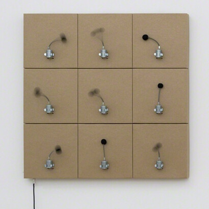 Zimoun, 9 prepared dc-motors, felt balls, cardboard boxes 22.5x22.5x5.5c. Courtesy bitforms gallery, New York​