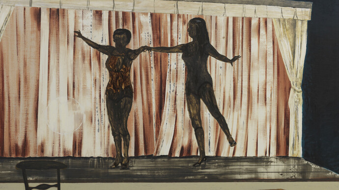 Mamma Andersson, Behind the Curtain, 2014, Oil on panel, 48 x 65 5/8 inches (121.9 x 166.7 cm)