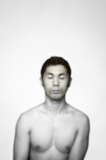 Shen Wei, Mask, 2013, Ink on archival pigment print, 31 x 24 3/4 in, courtesy of Flowers Gallery, London and New York