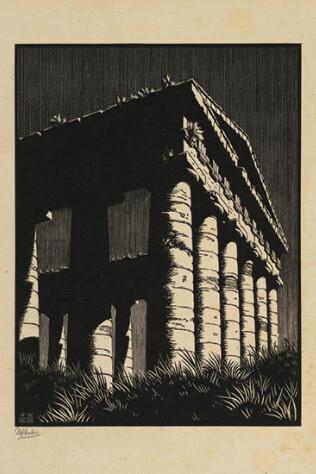 Maurits Cornelis Escher
Tempio di Segesta, Sicilia, 1932
Xilografia di testa, 32,2×24,2 cm
Collezione privata, Italia
All M.C. Escher works © 2019 The M.C. Escher Company The Netherlands. All rights reserved