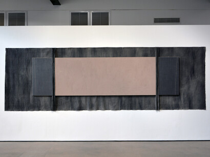 N. Dash. Untitled, 2013. Adobe, jute, linen, twine, graphite, gesso, acrylic, wood support. 57 x 180 in. (144.8 x 457.2 cm)