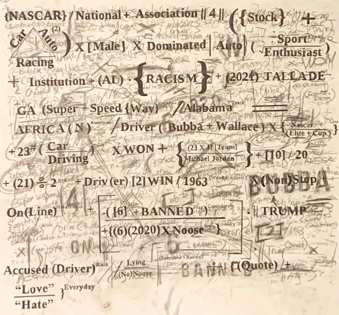 Gabriel Delgado, Bubba Wallace, ink and graphite on Strathmore watercolor paper mounted on canvas, 48x48x2.50 in