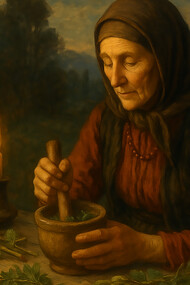 A Georgian village healer prepares herbal remedies by candlelight, blending faith, ritual, and natural medicine in the shadow of the Caucasus mountains