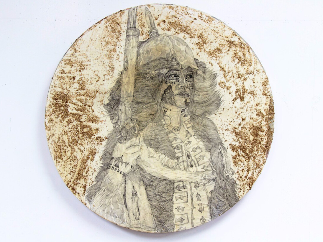 Umar Rashid (Frohawk Two Feathers), Jocasta, steward of New Thebes. A Portrait of tragedy and triumph with gold brushed on to hide the bruise. Messier no. 65, 2017. Courtesy of Johannes Vogt Gallery