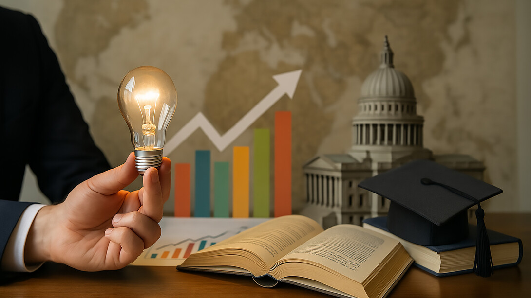 A symbolic representation of how government policy, education, and innovation work together to drive national economic competitiveness