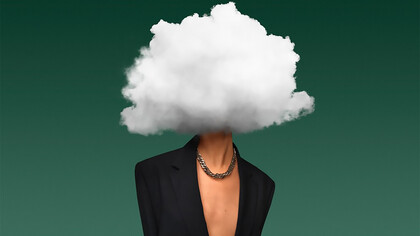A man with a cloud-shaped head, symbolizing mindfulness and mental filtering, representing personal growth, resilience, and the filtration processes found in nature