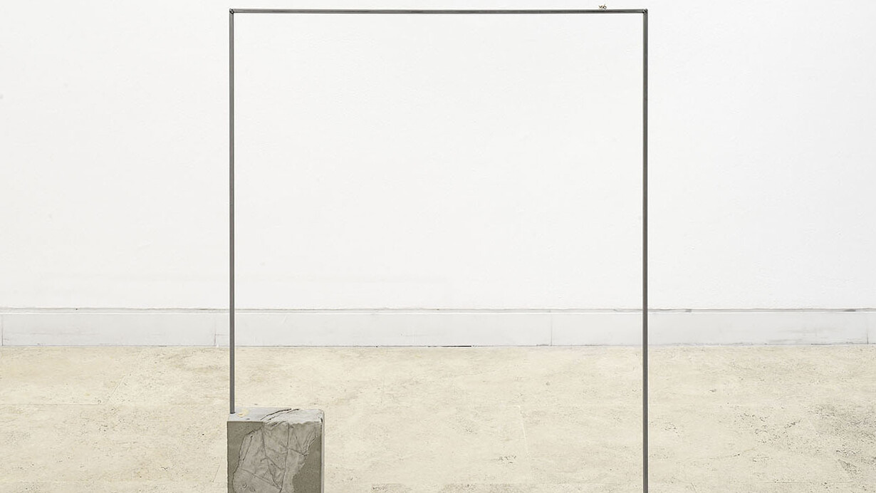 Rowena Harris, Searching for a sense of balance (part 1), 2015, steel, concrete, silicon rubber, chewing gum, bronze cast from 3D printed inner ear, 113 x 94 x 9 cm