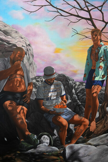 Gaétan Vaguelsy, Hommes aux abricots (detail), 2026. Avec l'aimable autorisation de la Galerie Polaris